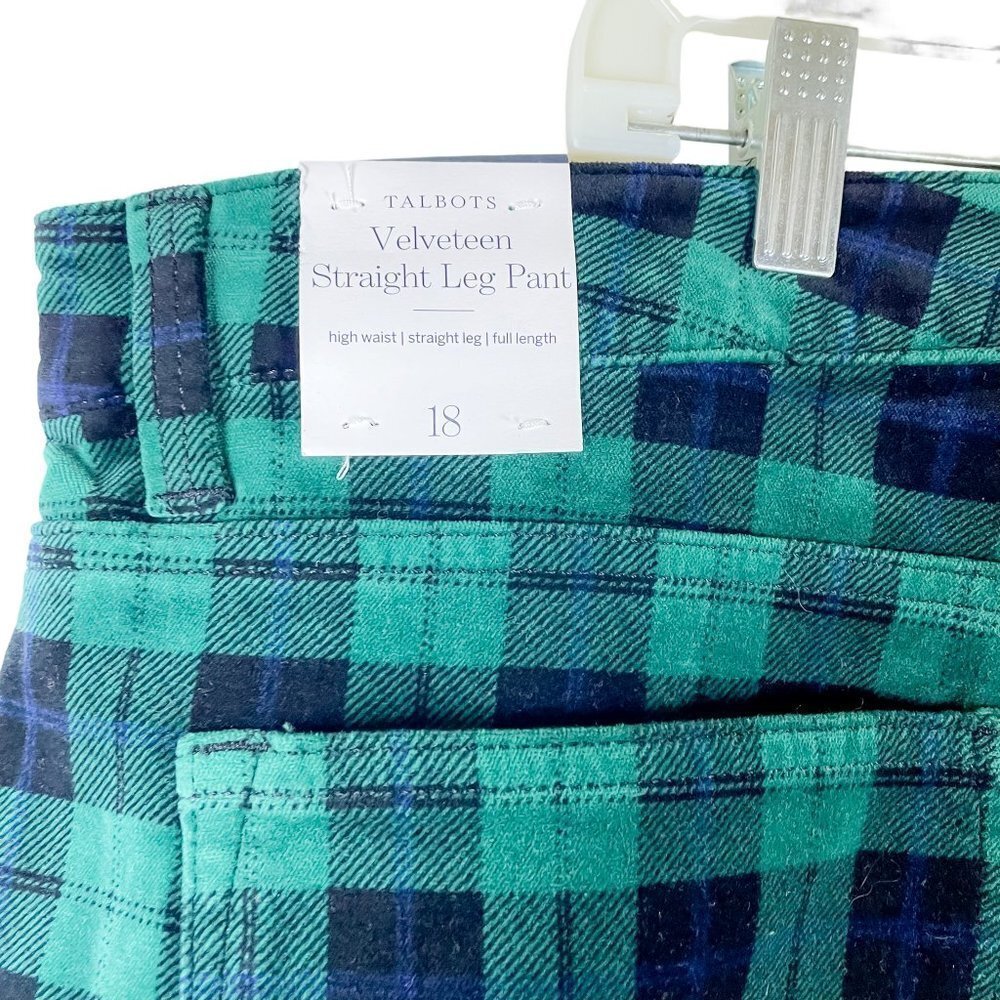 NWT Talbots High Waisted  Velveteen Straight Leg Pants Green Plaid sz 18 - Picture 3 of 10